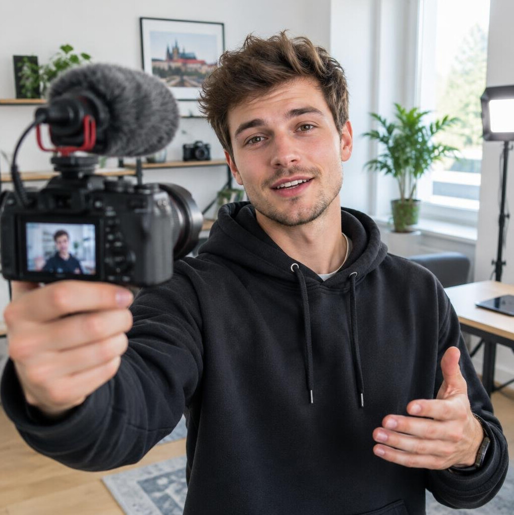 Young man vlogging with camera and microphone