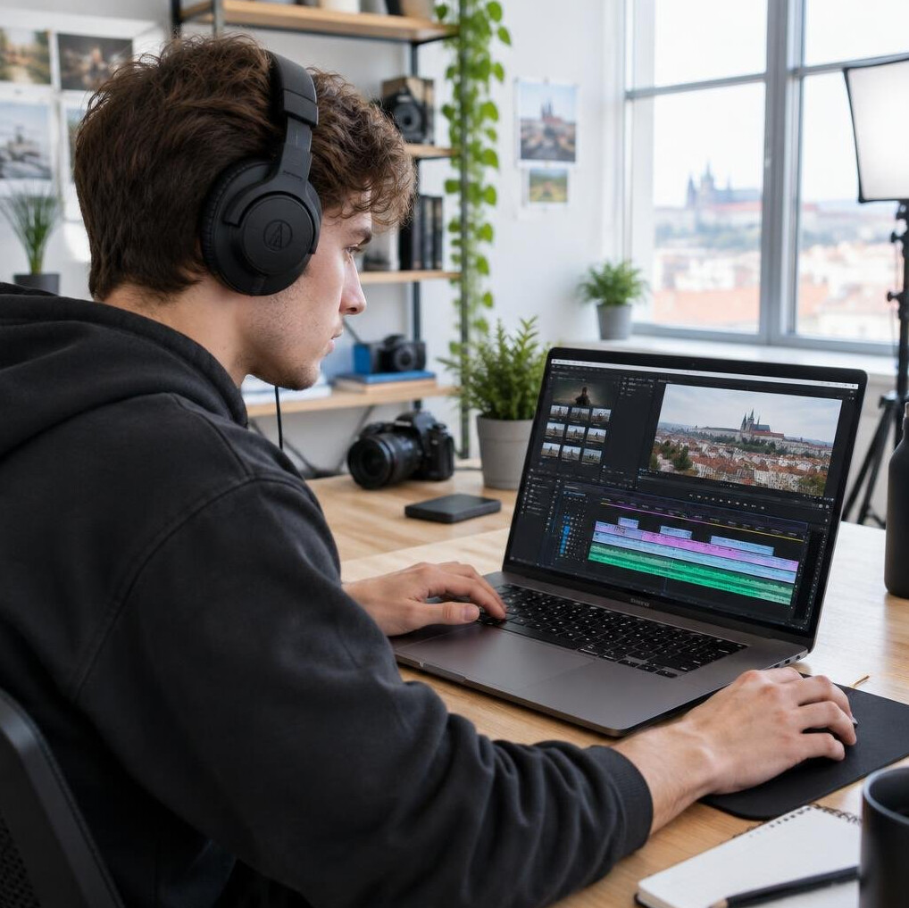 Young man editing video on laptop with headphones