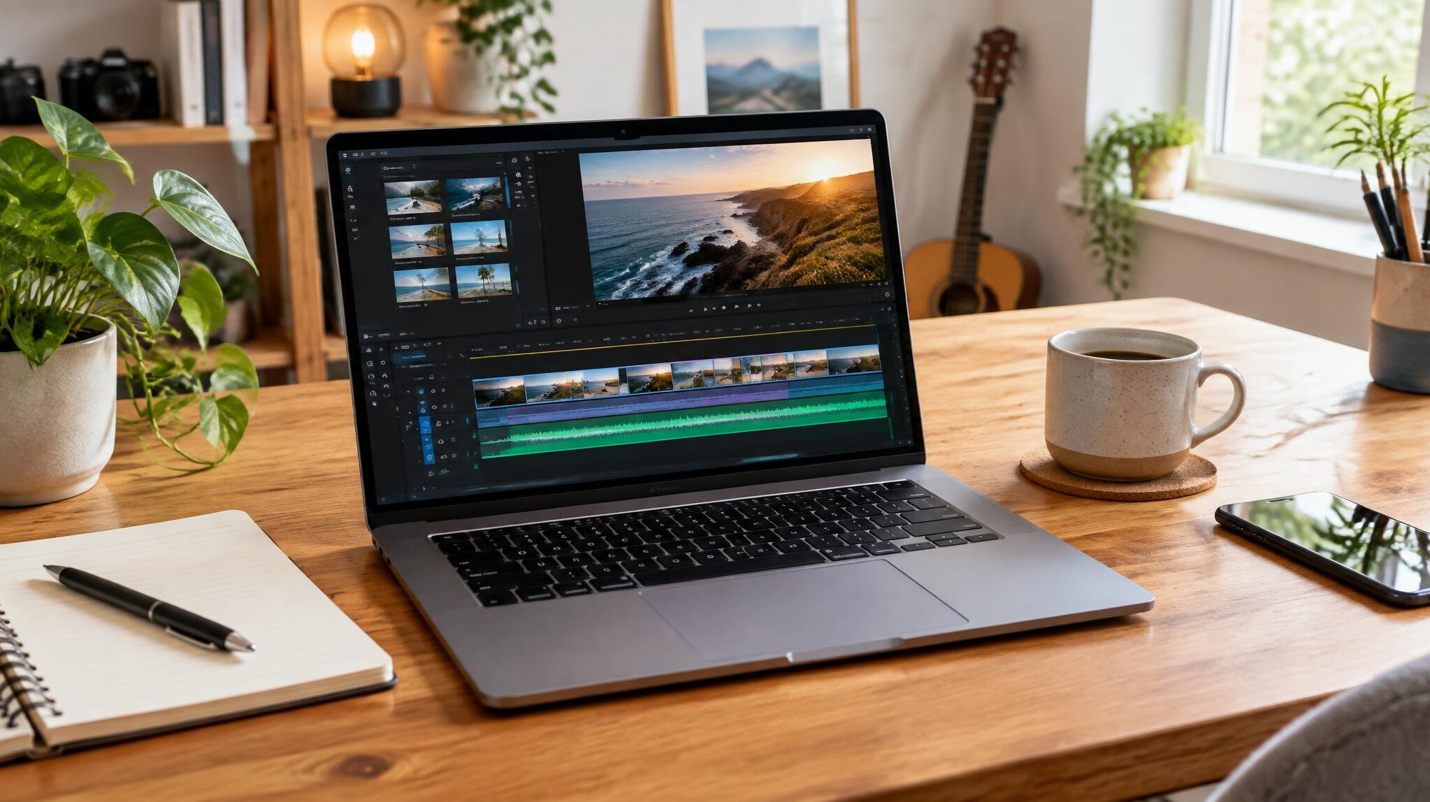 Student editing vertical video on laptop at desk